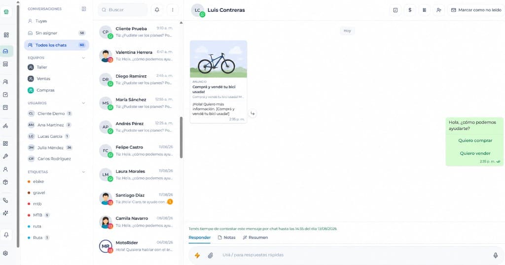 Bandeja de conversaciones de Bicify con WhatsApp, asignación de equipos, etiquetas y respuestas con IA